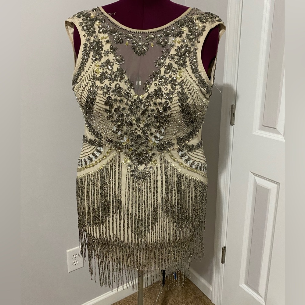 Bronze Fringe Dress Fully Beaded Plus Size 14 prom homecoming cocktail bridal